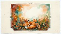 Sleeping fox surrounded by autumn leaves, acorns, pinecones and forest elements in warm fall colors with decorative vintage frame on textured paper background.
