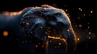 Artistic elephant silhouette with glowing golden particles and bokeh lights against dark background creates magical wildlife atmosphere. Suitable for nature conservation projects.