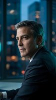 Middle-aged male professional, Caucasian ethnicity, wearing dark business suit, seated indoors with blurred city skyline and illuminated skyscrapers visible through windows behind him at night. Corporate portrait.