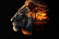 Double exposure profile of majestic lion head merged with African savanna sunset landscape, orange and black dramatic wildlife art composition.