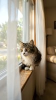 Tabby cat with amber eyes resting on a sunny windowsill, gazing outside through sheer curtains in a cozy home interior.