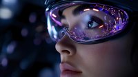 Young Asian woman in futuristic glasses with city reflection, neon purple lights and bokeh effects creating cyberpunk atmosphere for gaming and tech concepts.