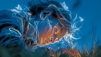 Young woman with flowing dark hair surrounded by glowing butterflies in dreamy blue twilight atmosphere, creating magical fantasy portrait with ethereal lighting effects.