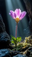 Pink wildflower growing between rocks illuminated by magical sunbeams, with moss and morning dew creating ethereal natural scene in dark environment.