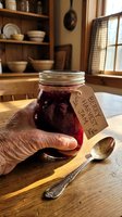 Hand holding jar of homemade berry jam with kraft label in rustic kitchen setting with wooden shelves, vintage decor, and natural window light for food preservation and artisan product marketing.