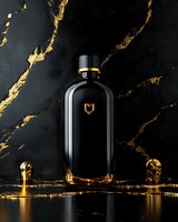 Elegant black glass bottle with gold accents on dramatic dark marble background with golden veins and liquid reflections. Luxury cosmetic or fragrance packaging.