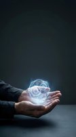 Businessman hands holding glowing digital holographic spheres with futuristic light effects for technology and innovation concepts.