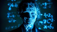 Futuristic digital transformation concept with glowing blue neon face outline and mathematical formulas on dark background.
