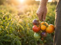 Farmer hand holding fresh colorful tomatoes at sunset in organic garden with warm golden light creating natural agricultural harvest scene.