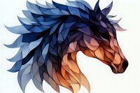 Stylized geometric horse head with flowing mane in shades of blue and copper on white background, mosaic-like angular shapes create dynamic movement and modern art appeal.
