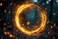 Glowing golden fire ring with sparkling particles and bokeh lights on dark background for magical fantasy designs and energy concepts.