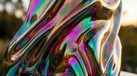 Liquid metallic surface with flowing iridescent waves in magenta, cyan, and gold tones, creating an abstract holographic effect with reflective depth and contemporary visual appeal.