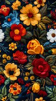 Vibrant embroidered floral pattern with colorful flowers and leaves on dark background. Seamless textile design for fashion, home decor and craft projects.