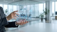 Businessman holding holographic digital network interface with glowing connections in modern office environment for technology and business innovation concepts.