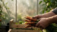 Farmer hands holding fresh organic carrots with green tops in greenhouse garden during harvest season for healthy eating and sustainable agriculture.