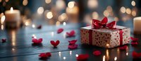 Romantic gift box with red bow surrounded by heart-shaped petals and glowing candles on dark wooden table against blurred bokeh lights background.