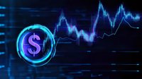 Glowing neon dollar sign with financial chart background in blue and purple colors, digital currency concept and stock market data visualization for finance analysis.
