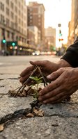 Male hands protecting small green seedling sprouting through urban street pavement with city buildings blurred in background, symbolizing environmental conservation and sustainability efforts.
