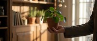 Hands holding small potted green plant in terracotta pot with warm sunlight streaming through window in cozy home interior for gardening and plant care concepts.