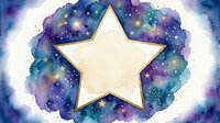 Watercolor galaxy star frame with golden outline, cosmic purple and blue nebula background, glowing stars, soft dreamy celestial art for cards and posters.