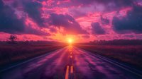 Dramatic sunset over empty highway with vibrant purple and pink sky, glowing sun on horizon, and reflective wet asphalt creating atmospheric rural landscape.