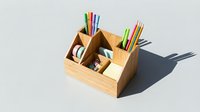 Wooden desk organizer with colorful pens, pencils, paper clips, sticky notes, and washi tape on a light background.