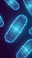 Futuristic blue glowing capsules with geometric wireframe structure floating on dark background for medical technology and pharmaceutical innovation concepts.