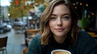 Young Caucasian woman enjoying coffee at outdoor cafe during autumn evening with warm city lights creating cozy atmosphere for lifestyle and dining concepts.