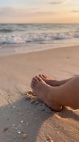 Bare feet relaxing on sandy beach at sunset with gentle waves and golden light creating peaceful vacation atmosphere for wellness and travel concepts.