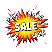 Comic book style sale explosion burst with pow zing boom text effects in red yellow colors isolated on white background for promotional marketing designs.
