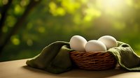 Fresh white eggs in rustic woven basket with green linen cloth against blurred natural bokeh background with sunlight, farm to table concept for organic food.