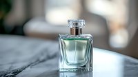 Luxury fragrance bottle with clear glass and silver atomizer displayed on marble surface with blurred interior background, suitable for cosmetics, beauty, and perfume marketing.