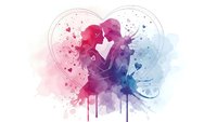 Romantic couple silhouette embracing in heart shape with colorful watercolor splashes and paint drips on white background for love designs.