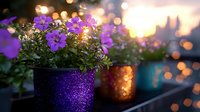Purple petunias in glittering pot on balcony at sunset with golden bokeh lights creating magical garden atmosphere, decorative outdoor flower arrangement.