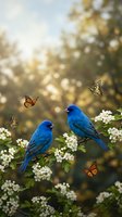 Two vibrant blue birds perched on flowering branch with colorful butterflies in warm spring garden setting for nature and wildlife designs.