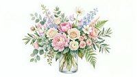 Watercolor floral bouquet with pink peonies, cream roses and eucalyptus in glass vase isolated on white background for wedding invitations and greeting cards.