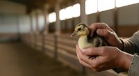 Young duckling held in farmer's hands inside barn, representing poultry farming, animal husbandry, and agricultural care practices for livestock management.
