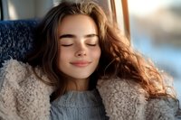 Young woman with closed eyes and gentle smile wearing cozy gray sweater and warm sherpa jacket, enjoying peaceful moment in soft natural light.