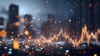 Glowing financial chart with bokeh light effects and sparkles against blurred urban background, depicting market analysis and trading concept.