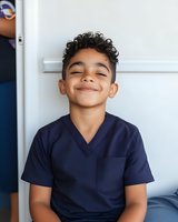 Young Latino boy wearing navy blue medical scrubs smiling with closed eyes expressing joy and happiness against white background. Healthcare education concept.