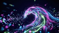 Abstract neon wave with colorful flowing lines and particles on dark background for digital art projects and modern design concepts.