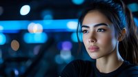 Young Asian woman with confident expression in dark setting with blue bokeh lights and night city atmosphere creating dramatic cinematic mood.