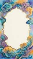 Watercolor ornate frame with swirling clouds in blue purple orange hues and gold accents on white background for invitations greeting cards design.