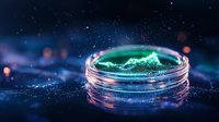 Glowing green liquid splash in glass jar against dark background with bokeh lights and magical sparkles creates mystical atmosphere for fantasy designs.