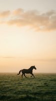 Wild horse running freely across open grassland field during golden hour sunset with dramatic cloudy sky creating peaceful countryside atmosphere.