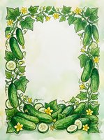 Cucumber vine border frame with yellow flowers, green leaves, and sliced vegetables on cream background, isolated and ready for menu design, recipe cards, and kitchen decor projects.