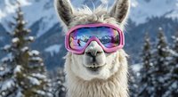 Funny white llama wearing pink ski goggles in snowy mountain landscape with evergreen trees. Winter sports humor concept for holiday cards and designs.