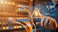 Businessman hand touching glowing warning triangle icon on transparent digital interface with data analytics dashboard in modern office environment.