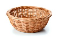 Empty round woven wicker basket made from natural rattan isolated on white background, suitable for bread, fruit or decorative storage purposes.