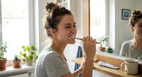 Young woman brushing teeth in modern bathroom mirror reflection morning routine dental hygiene self-care wellness healthy lifestyle daily habits.